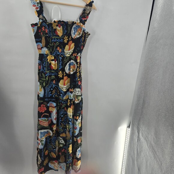 August Sky Black Fruit Breakfast Square Neck Ruched Midi Dress Small NWOT - Picture 2 of 12